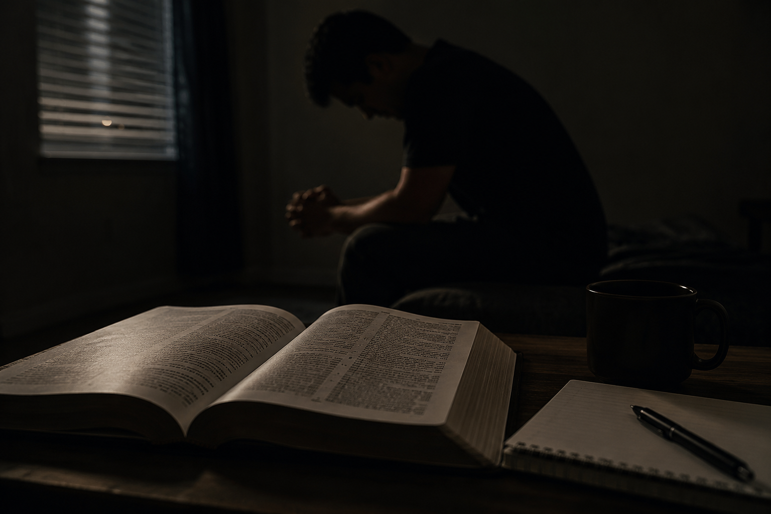 Bible and man in the room praying. Word Anchored
